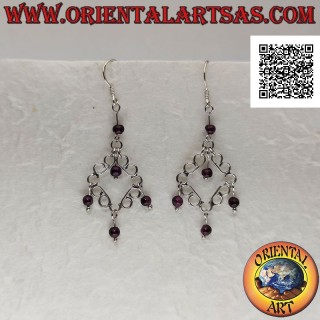 Boucles d'oreilles en argent, losange de lignes courbes en argent lisse avec pendentifs en perles de grenat