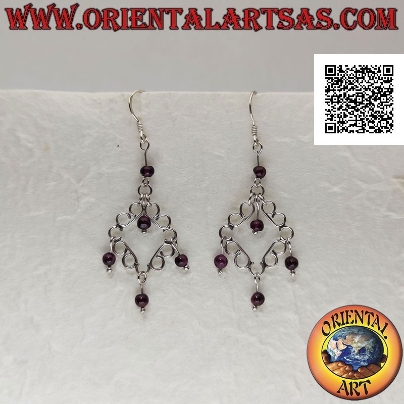 Silver earrings, rhombus of curved lines in smooth silver with garnet beads pendants