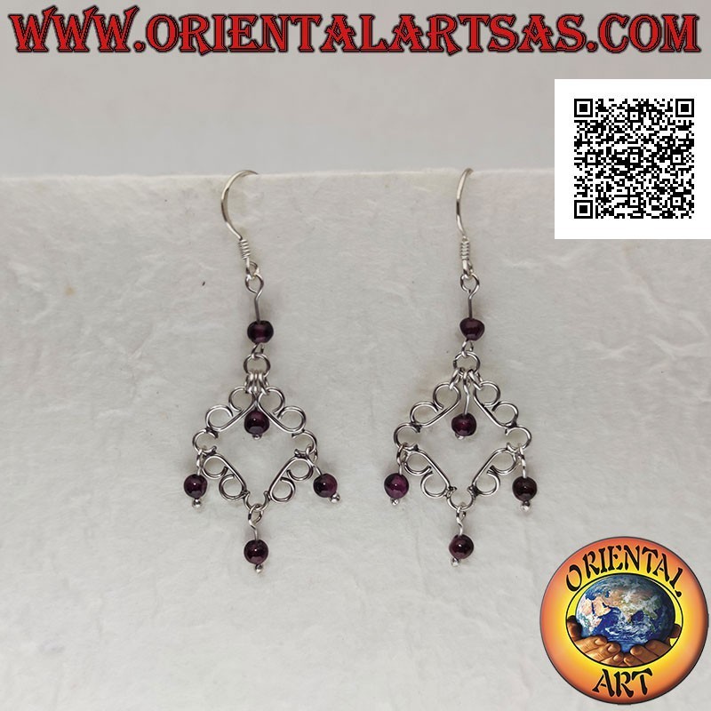 Silver earrings, rhombus of curved lines in smooth silver with garnet beads pendants