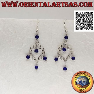 Silver earrings, rhombus of curved lines in smooth silver with lapis lazuli beads pendants