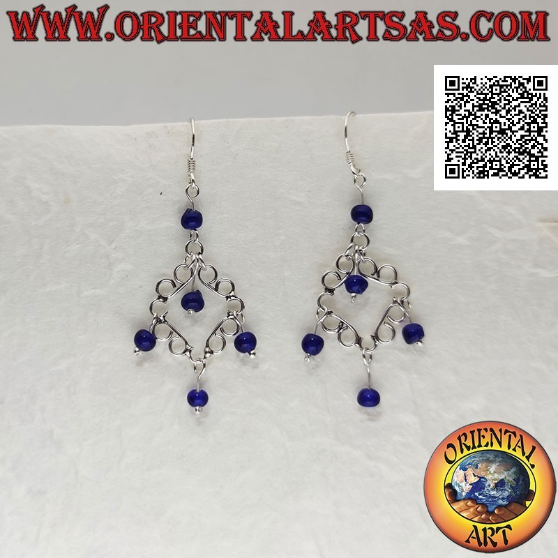 Silver earrings, rhombus of curved lines in smooth silver with lapis lazuli beads pendants