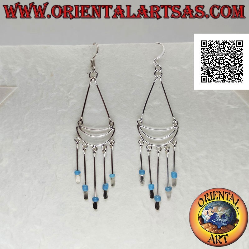 Silver earrings with attached arches with a row of dangling turquoise balls
