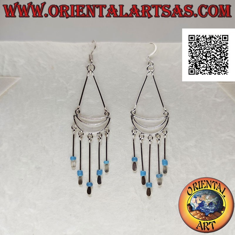 Silver earrings with attached arches with a row of dangling turquoise balls