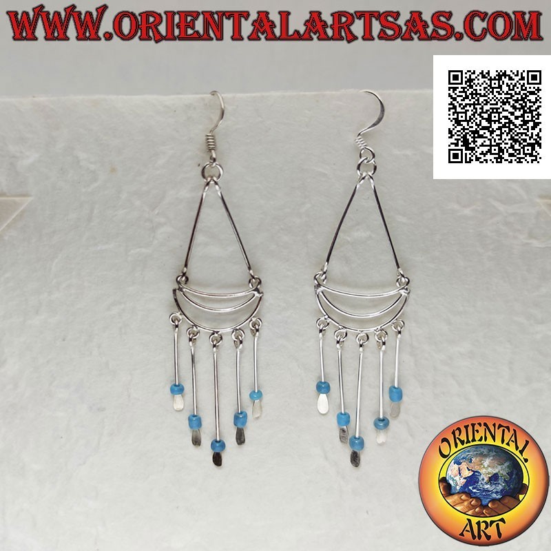 Silver earrings with attached arches with a row of dangling turquoise balls