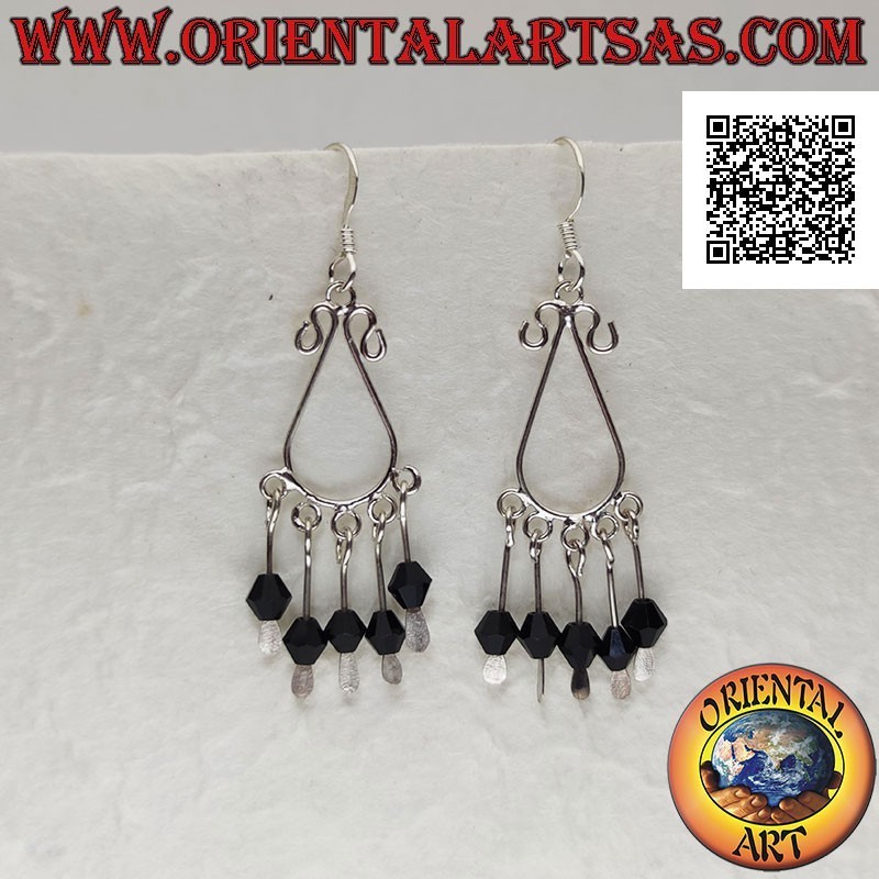 Round drop silver earrings with onyx and silver dangling balls