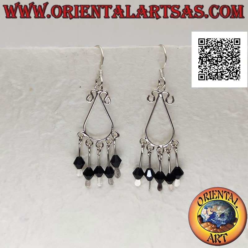 Round drop silver earrings with onyx and silver dangling balls