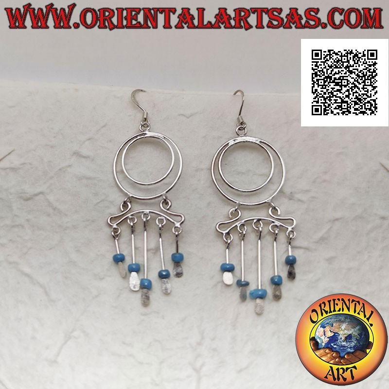 Pendientes de plata, par de círculos concéntricos y diadema con cuentas turquesas colgantes