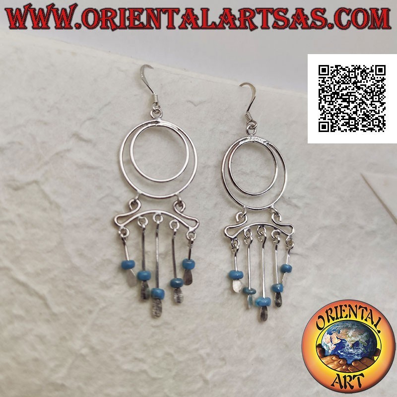 Boucles d'oreilles en argent, paire de cercles concentriques et serre-tête avec des perles turquoises pendantes