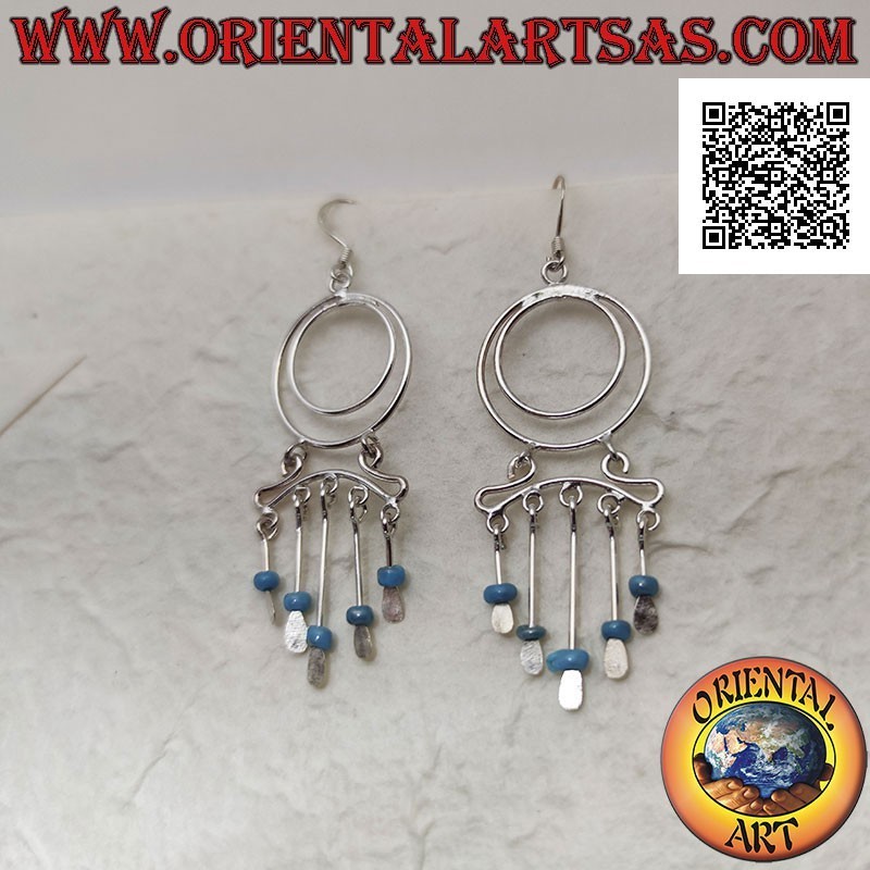 Boucles d'oreilles en argent, paire de cercles concentriques et serre-tête avec des perles turquoises pendantes