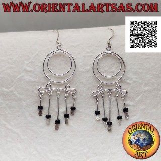 Silver earrings, pair of concentric circles and headband with hanging onyx beads