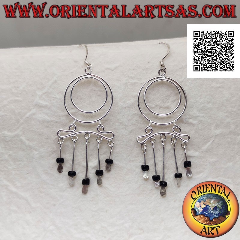Boucles d'oreilles en argent, paire de cercles concentriques et serre-tête avec perles d'onyx suspendues