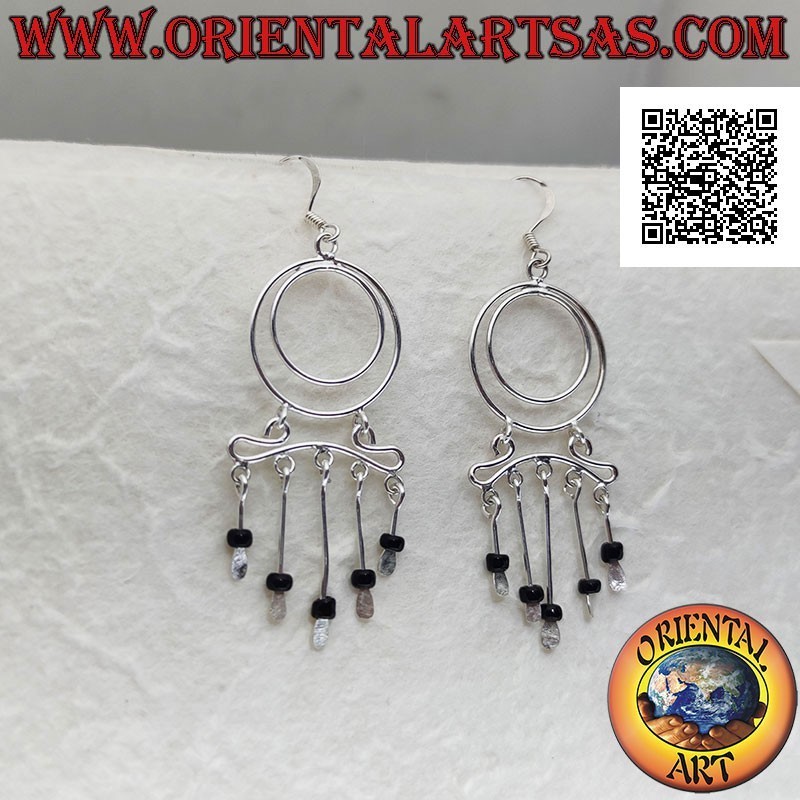 Silver earrings, pair of concentric circles and headband with hanging onyx beads