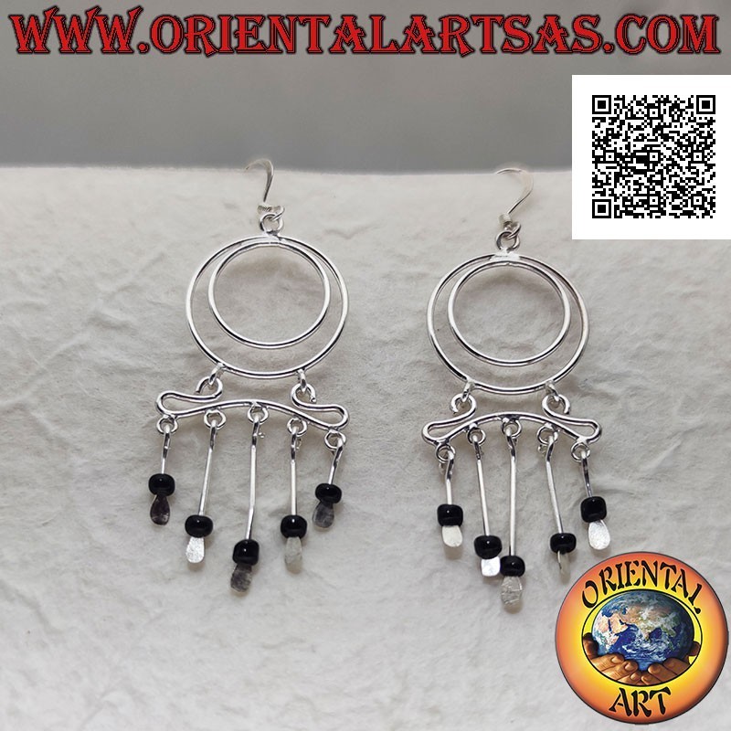 Silver earrings, pair of concentric circles and headband with hanging onyx beads