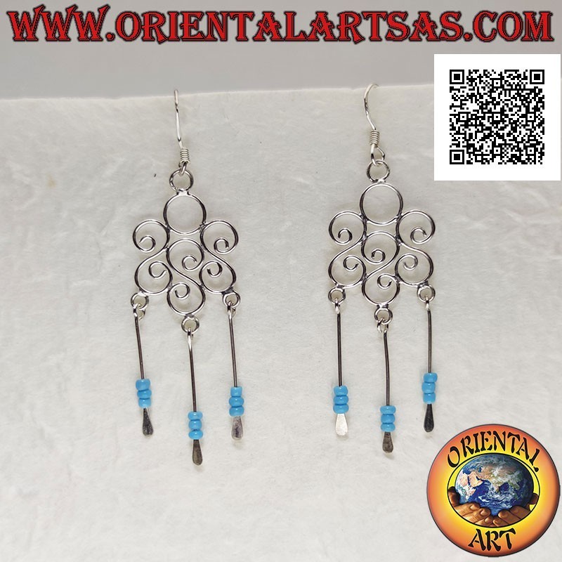 Round triple S silver earrings with turquoise beads and silver pendant threads