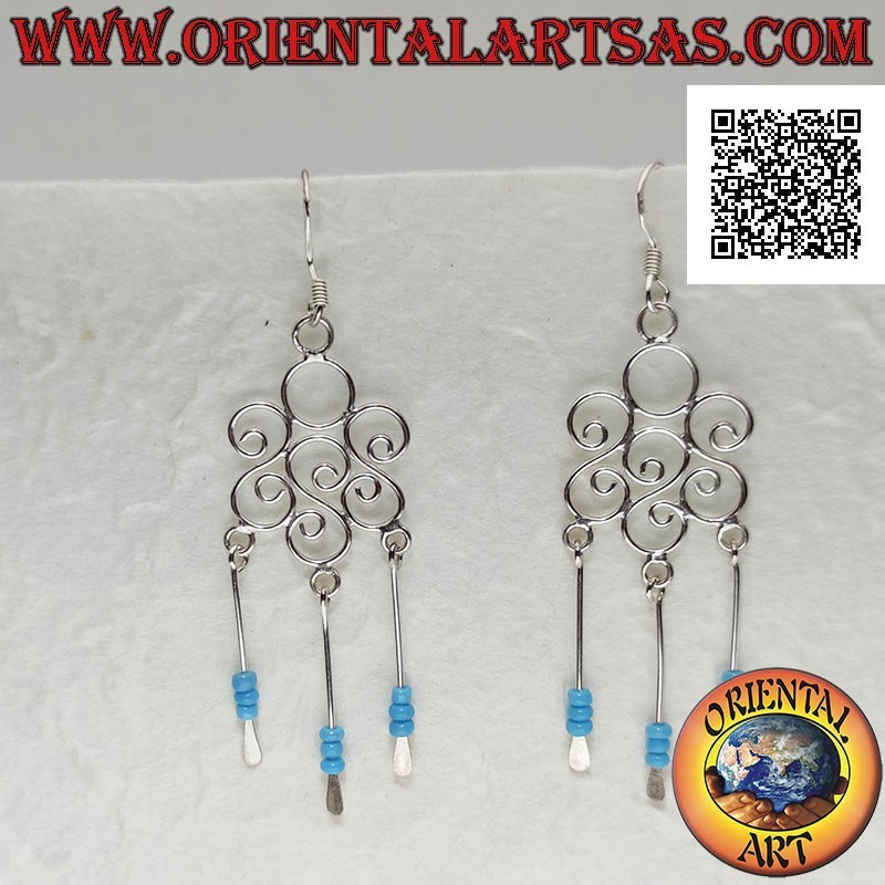 Pendientes redondos triple S de plata con cuentas de turquesa e hilos de colgante de plata