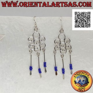 Round triple S silver earrings with lapis lazuli beads and silver pendant threads