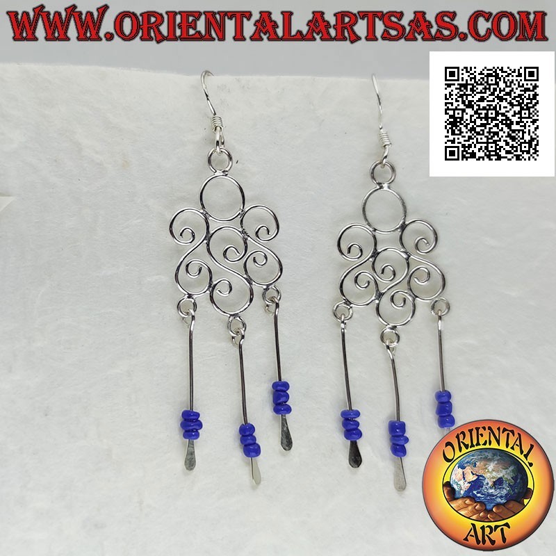 Round triple S silver earrings with lapis lazuli beads and silver pendant threads