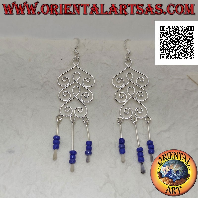 Boucles d'oreilles en argent, trio de piques arrondis avec pendentif perles de lapis lazuli