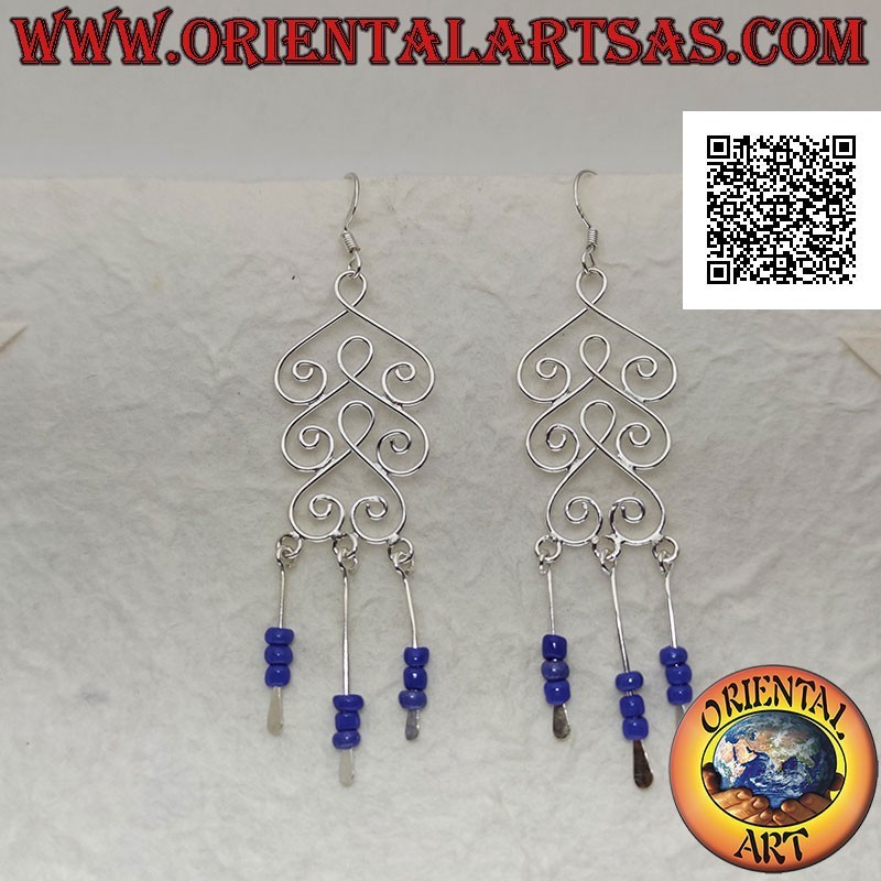 Boucles d'oreilles en argent, trio de piques arrondis avec pendentif perles de lapis lazuli