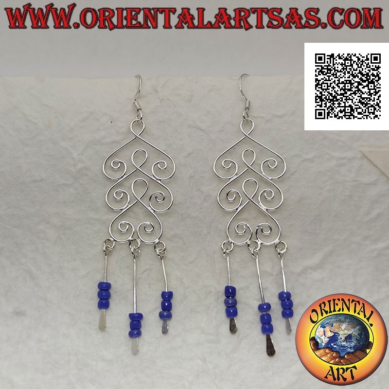 Silver earrings, trio of rounded spades with pendant lapis lazuli beads