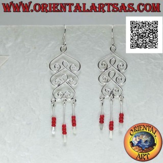 Silver earrings, trio of rounded spades with pendant coral beads