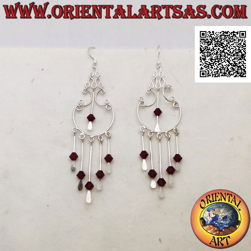 Baroque style silver hoop earrings with garnet crystals hanging in the center and below
