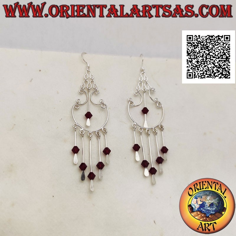 Baroque style silver hoop earrings with garnet crystals hanging in the center and below