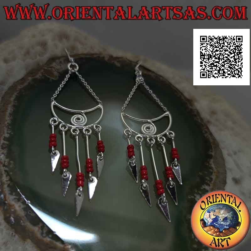 Silver earrings, crescent with spiral inside with a row of trio of coral beads