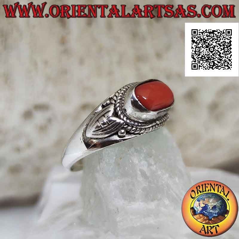Silver ring with natural coral crosswise and side decorations (handmade)