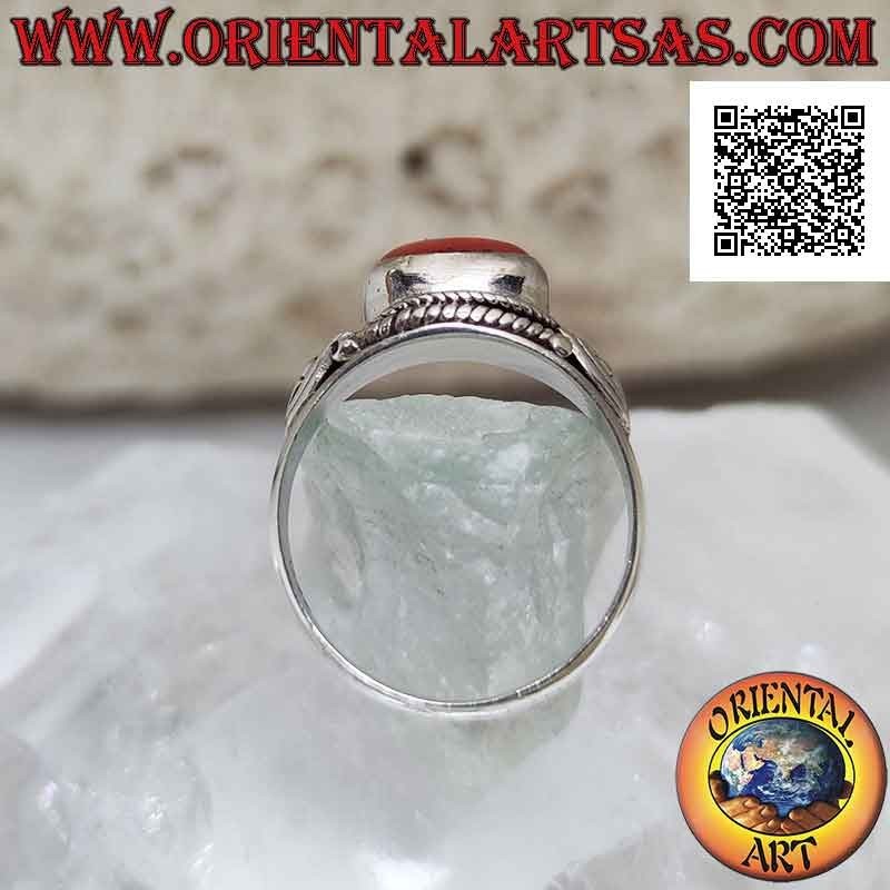 Silver ring with natural coral crosswise and side decorations (handmade)