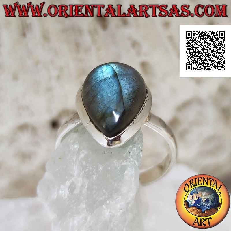 Silver ring with natural teardrop labradorite on a simple and essential setting