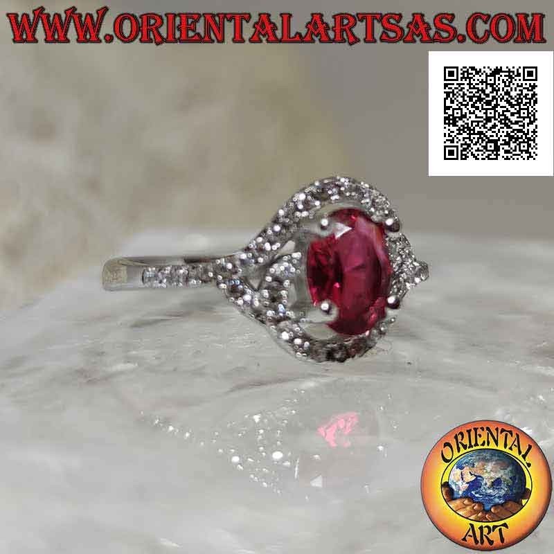 Silver ring with oval synthetic ruby wrapped in a zircon spiral