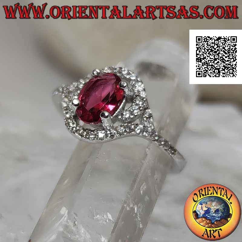 Silver ring with oval synthetic ruby wrapped in a zircon spiral