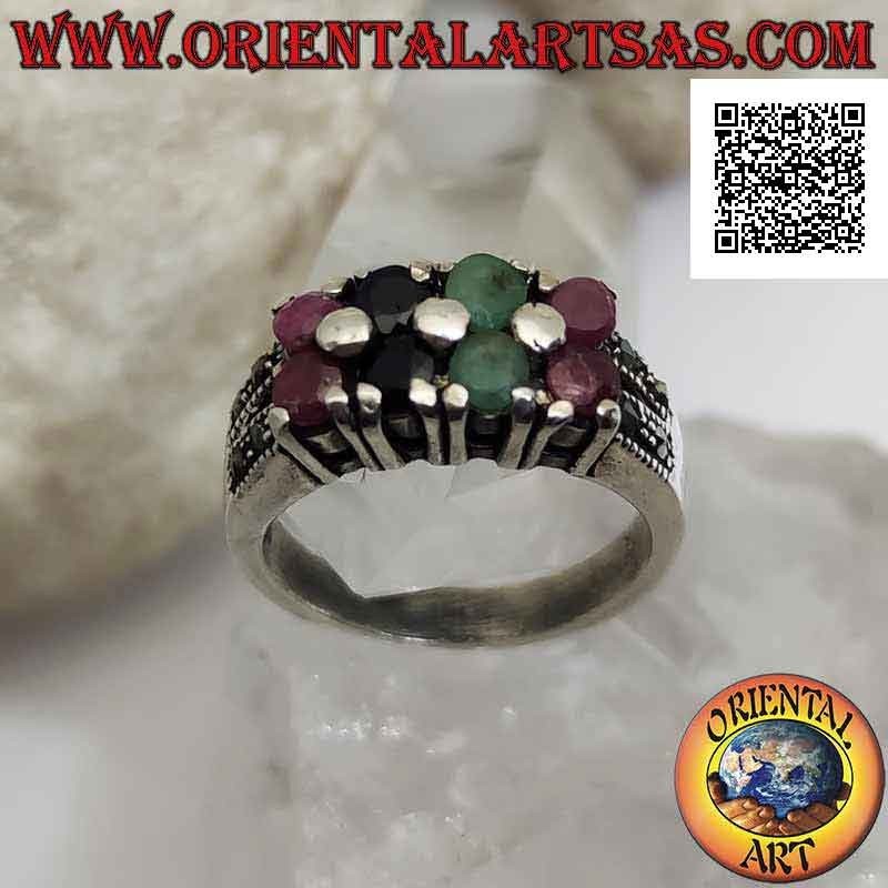Silver band ring with two rows of rubies, emeralds, sapphires and marcasite
