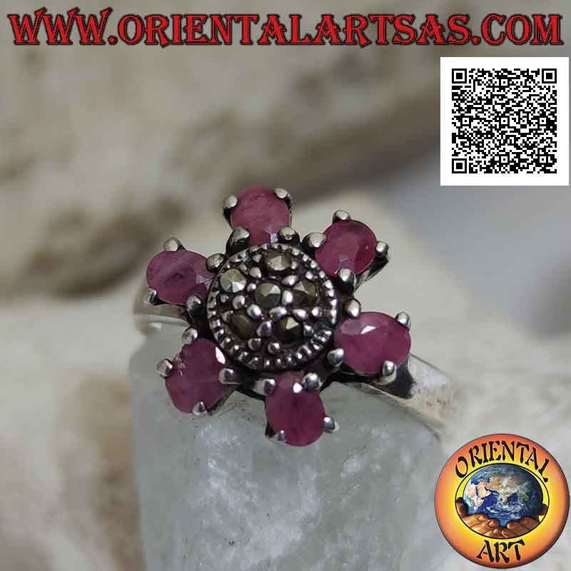 Silver flower ring with 6 natural ruby petals set and pistil studded with marcasite