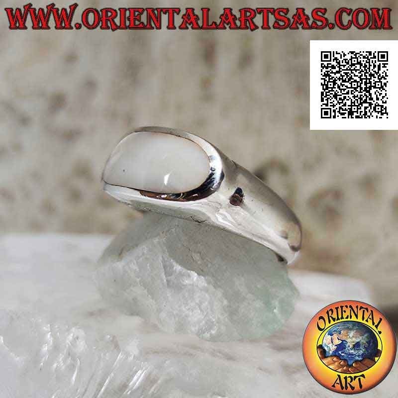 Smooth silver ring with raised horizontal oval mother of pearl