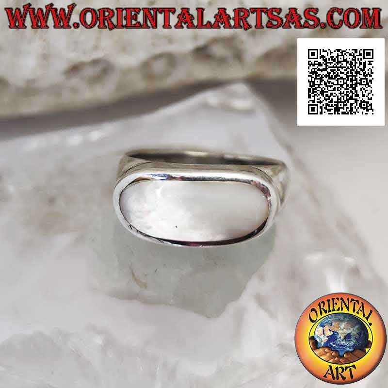 Smooth silver ring with raised horizontal oval mother of pearl