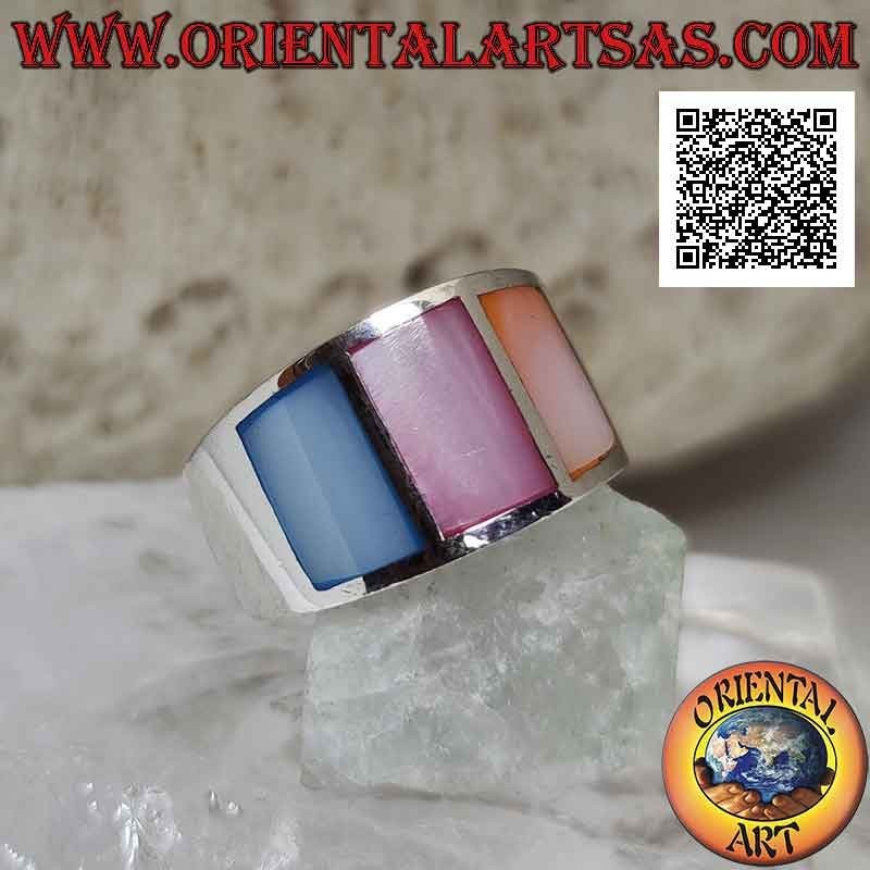 Silver ring with smooth band with three multicolour mother-of-pearl set flush (2)