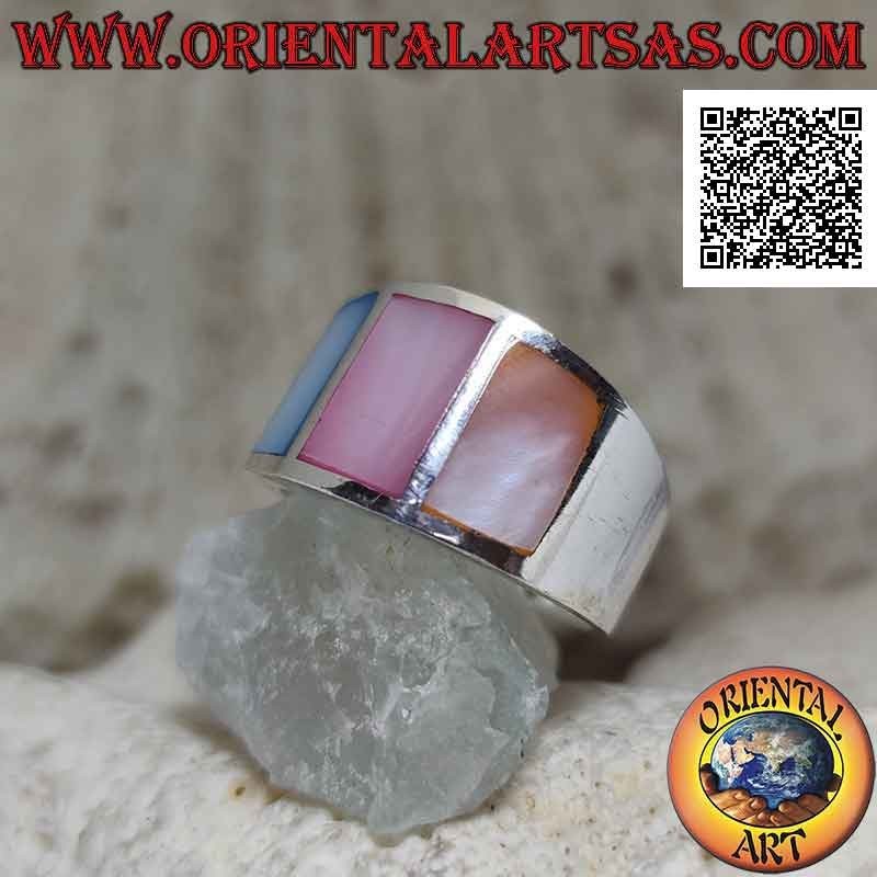 Silver ring with smooth band with three multicolour mother-of-pearl set flush (2)
