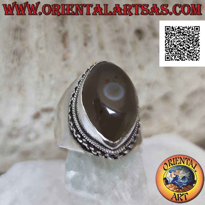 Anillo de plata con ágata ojo de Shiva grisáceo con lanzadera y borde de cadena en engaste liso (f)