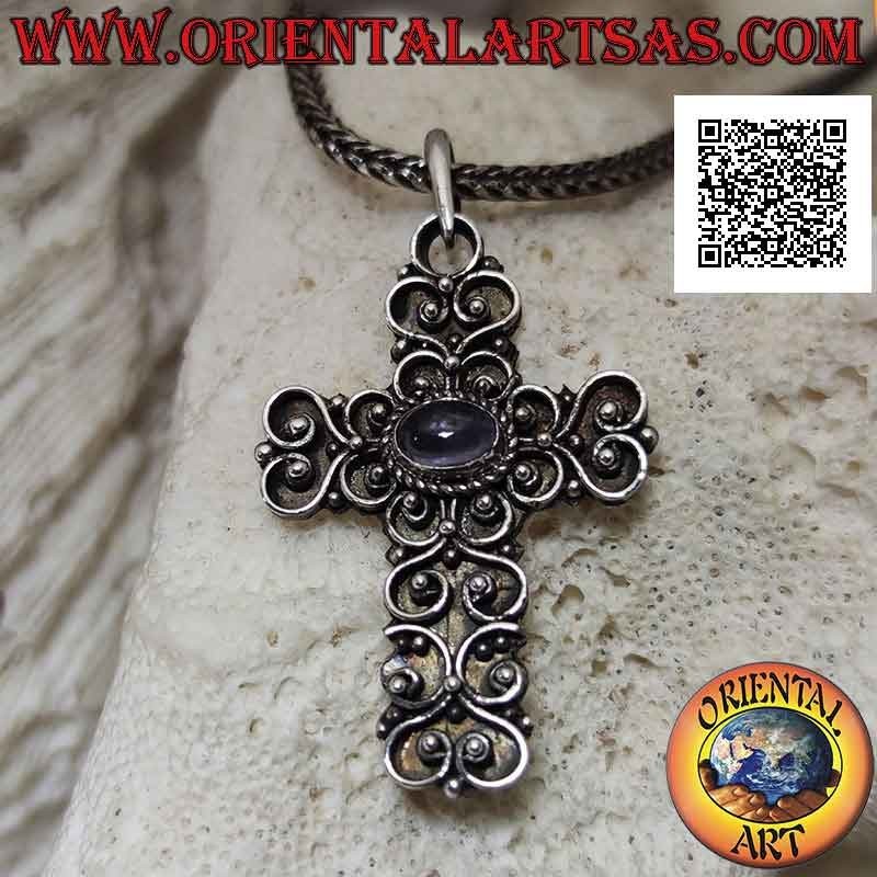 Silberanhänger, handgefertigtes Barockkreuz mit natürlichem ovalem Cabochon-Amethyst in der Mitte