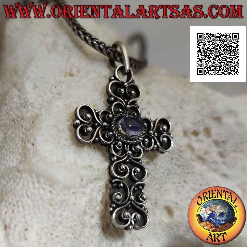 Pendentif en argent, croix baroque artisanale avec améthyste ovale cabochon naturel au centre