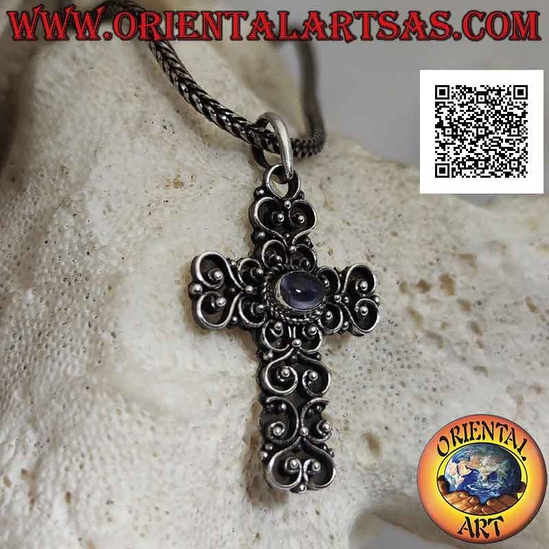 Silberanhänger, handgefertigtes Barockkreuz mit natürlichem ovalem Cabochon-Amethyst in der Mitte