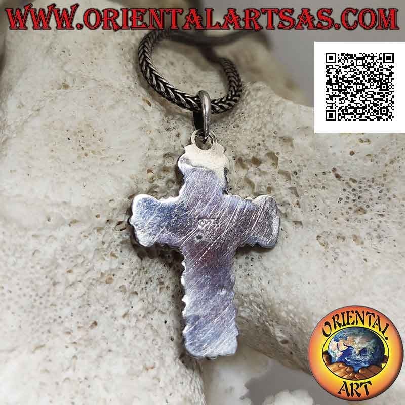 Pendentif en argent, croix baroque artisanale avec améthyste ovale cabochon naturel au centre