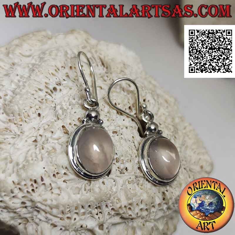 Silver earrings with cabochon oval rose quartz on smooth setting with protruding edge