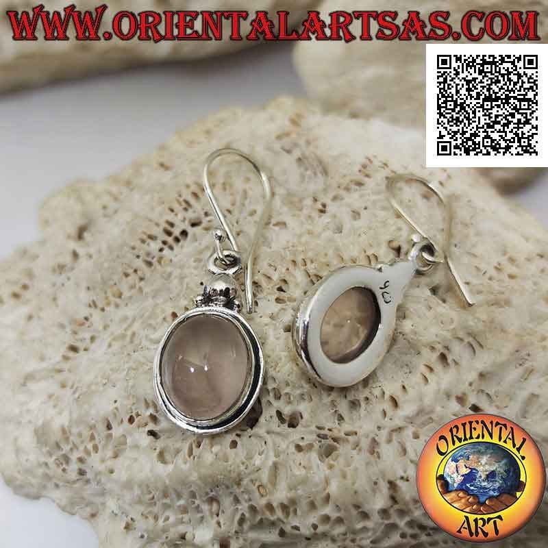 Orecchini in argento con quarzo rosa ovale cabochon su montatura liscia con bordo sporgente