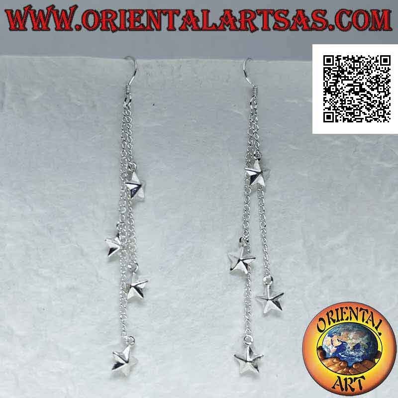 Orecchini in argento a monachella con tre catenelle pendenti e quattro stelle lisce bombate