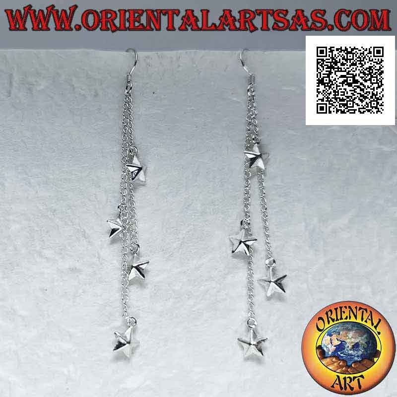 Orecchini in argento a monachella con tre catenelle pendenti e quattro stelle lisce bombate