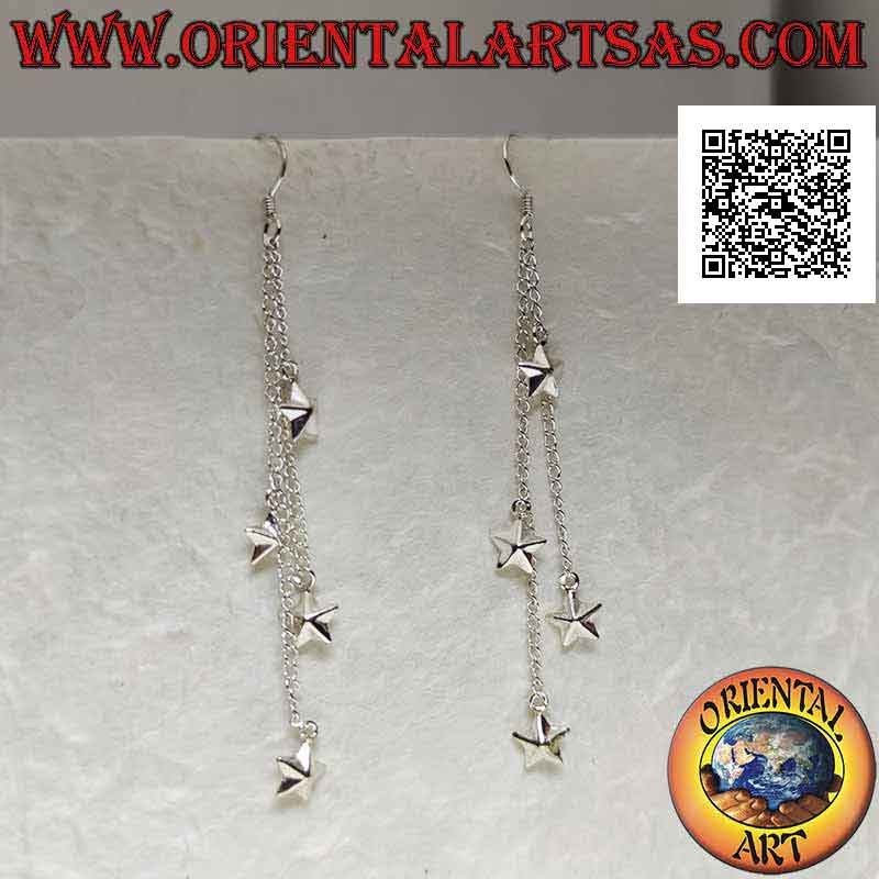 Boucles d'oreilles à levier en argent avec trois chaînes suspendues et quatre étoiles arrondies lisses