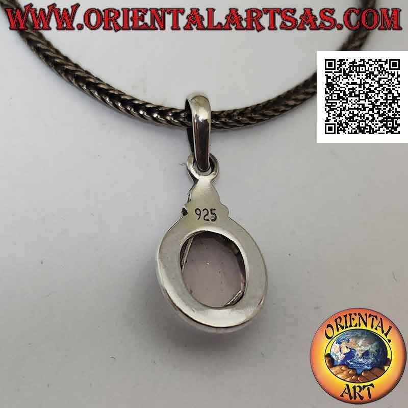 Silver pendant with cabochon oval rose quartz on smooth setting with protruding edge